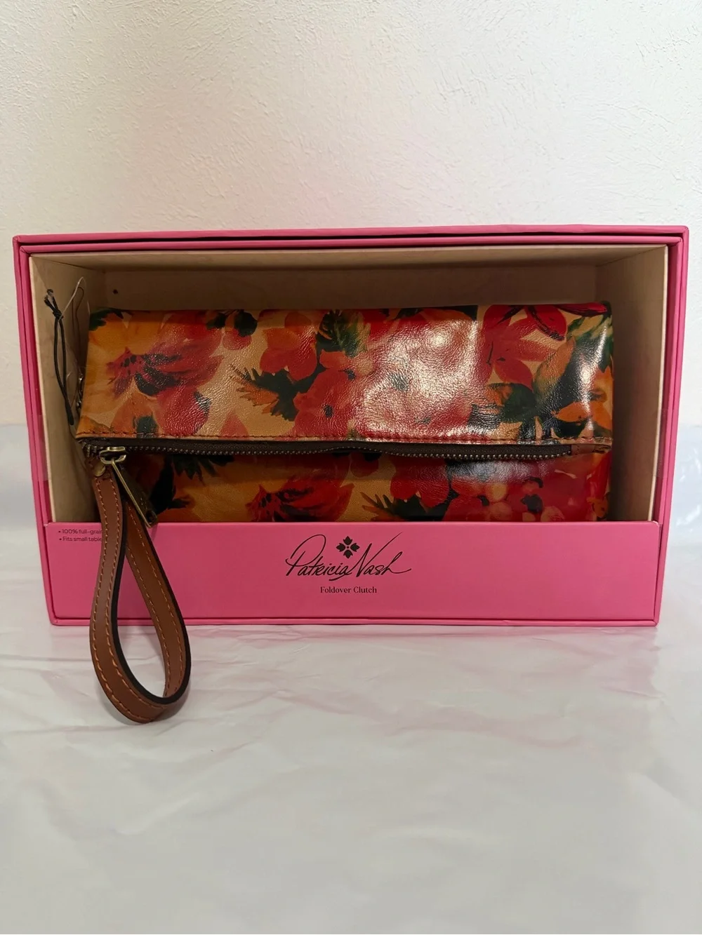 Patricia Nash Orange and Brown Floral Foldover Wristlet Clutch